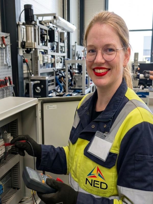Eva van der Schoot met veiligheidsuitrusting en handschoenen. Ze gebruikt een meter om apparatuur te testen in een industriële omgeving, met gereedschappen en machines zichtbaar op de achtergrond.