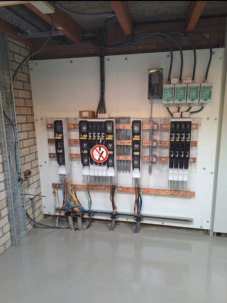 Een elektrisch paneel met meerdere stroomonderbrekers, bedrading en een waarschuwingsbord