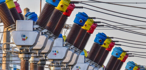 NED-web-infra-004 Grote elektrische isolatoren met gekleurde kappen staan op een rij bij een onderstation buiten, met bovenliggende draden en gebouwen zichtbaar op de achtergrond.