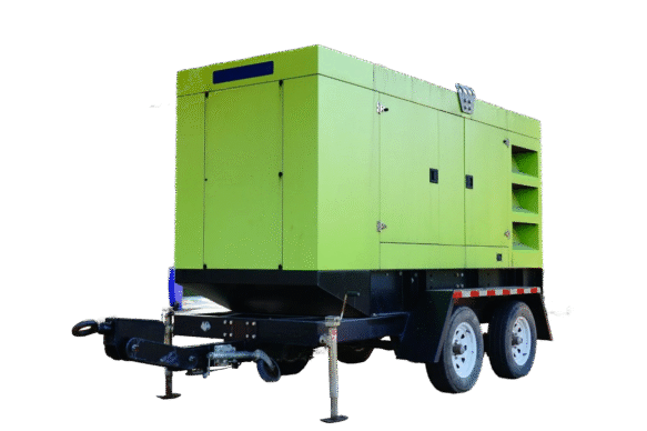 NED-web-nood-002 Een grote groene mobiele generator op een aanhanger met twee wielen, stabilisatiekrikken en ventilatiepanelen, geïsoleerd op een witte achtergrond.
