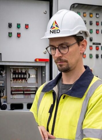 marco-storing (1) Een man met een veiligheidsvest en een helm gebruikt een laptop terwijl hij voor bedieningspanelen met verschillende schakelaars en knoppen staat.